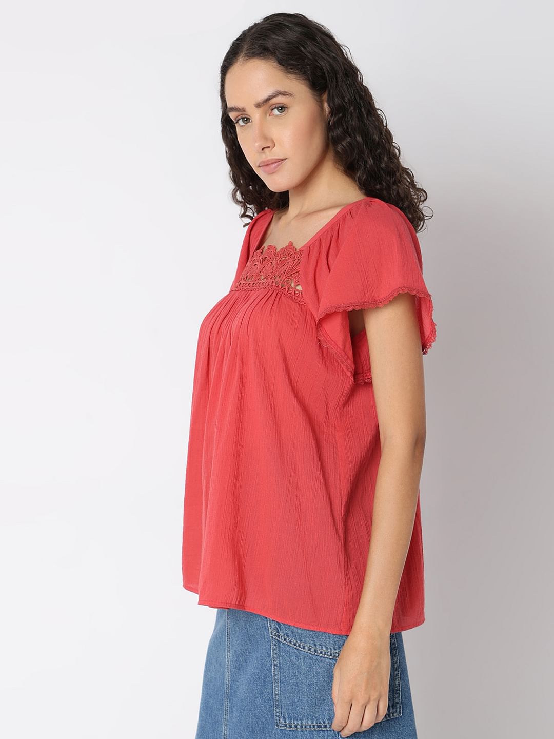 Red Lace Trim Cotton Top