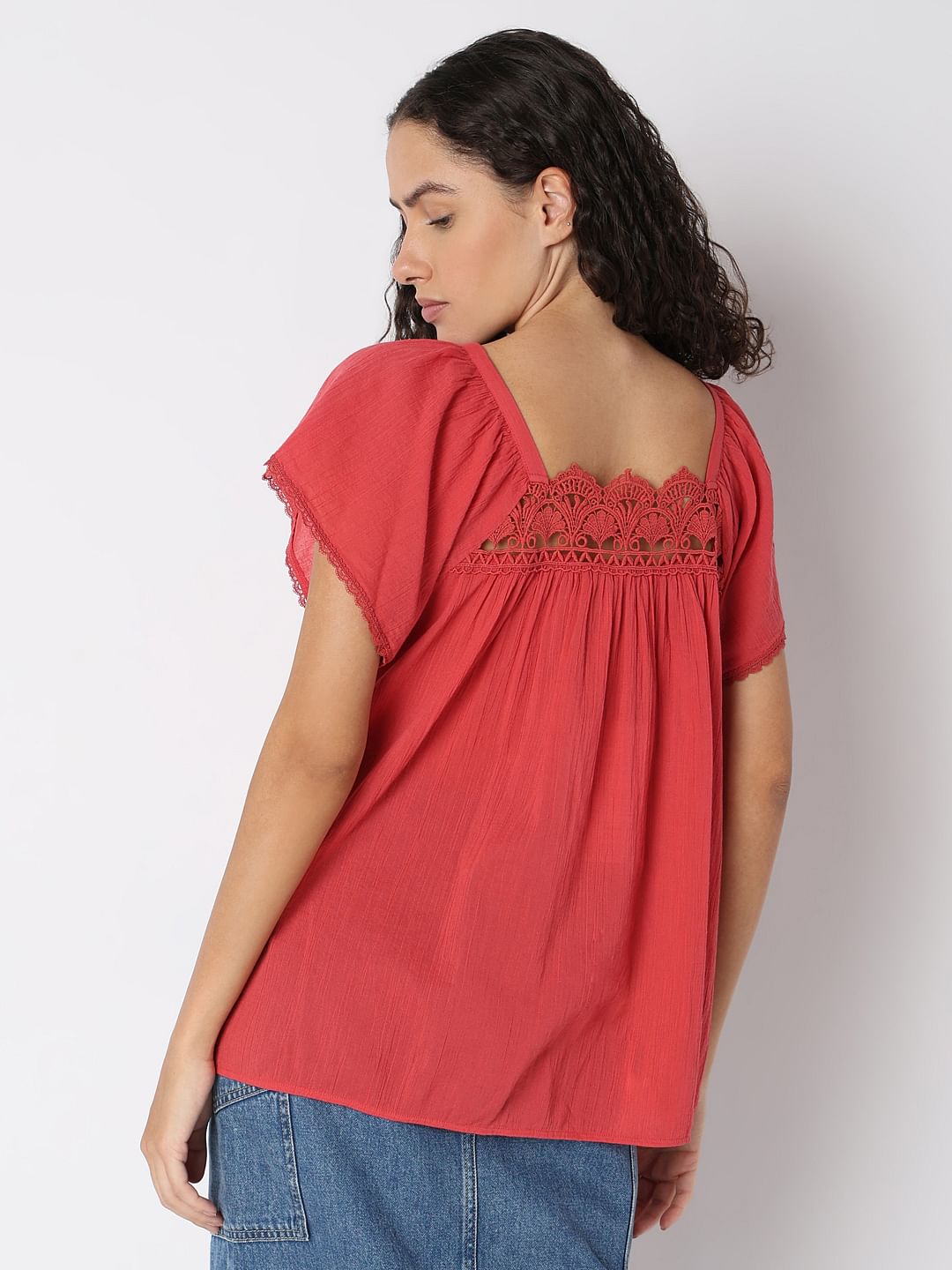 Red Lace Trim Cotton Top