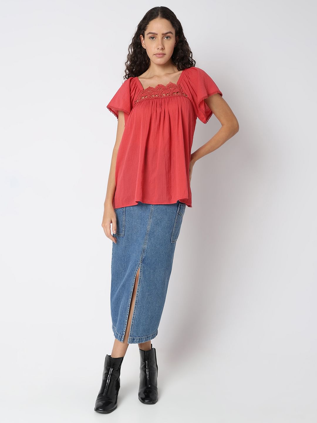 Red Lace Trim Cotton Top