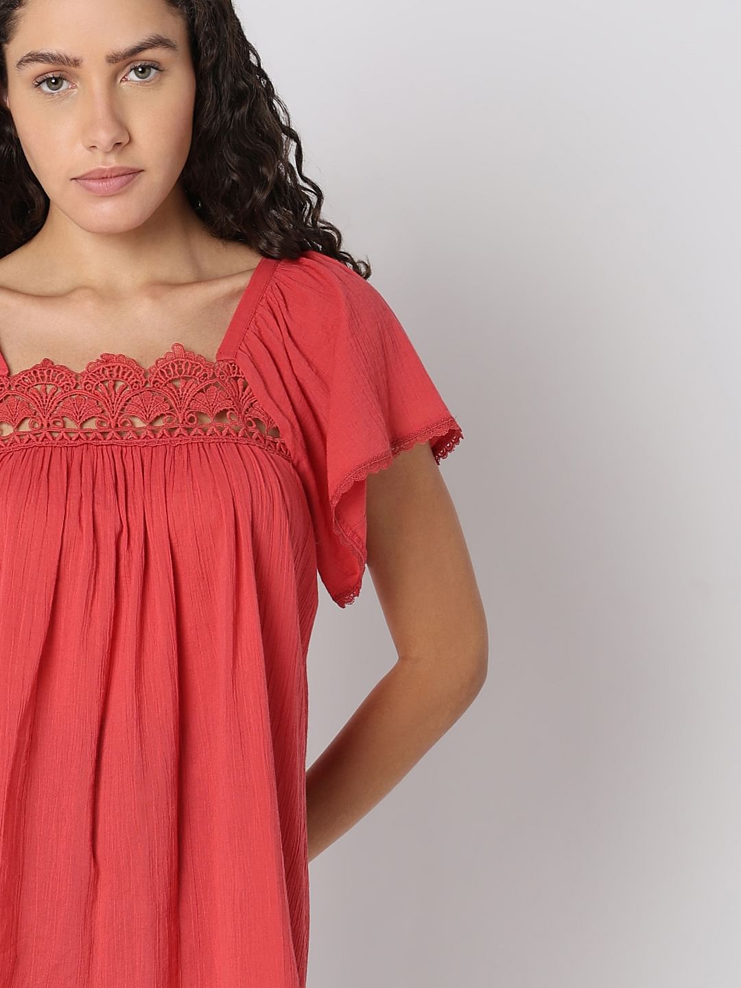 Red Lace Trim Cotton Top