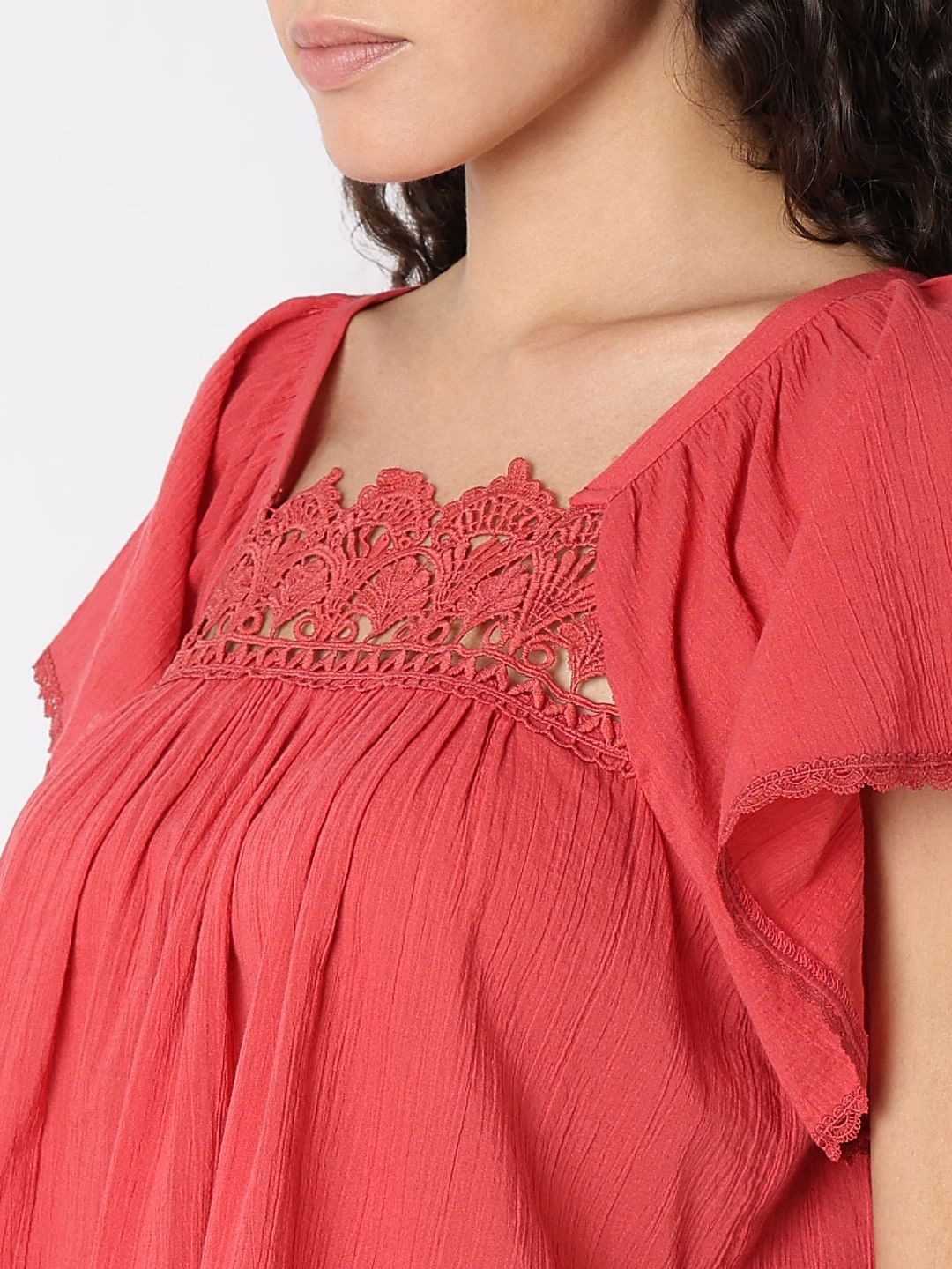 Red Lace Trim Cotton Top