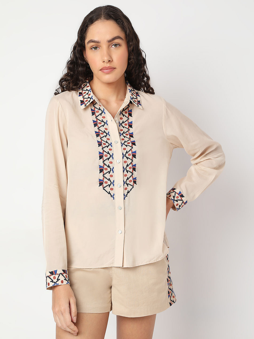 Beige Printed Co-Ord Set Shirt