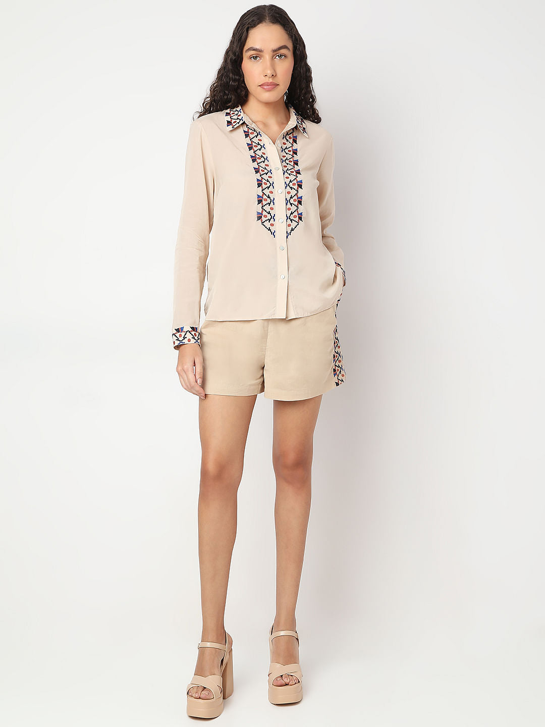 Beige Printed Co-Ord Set Shirt