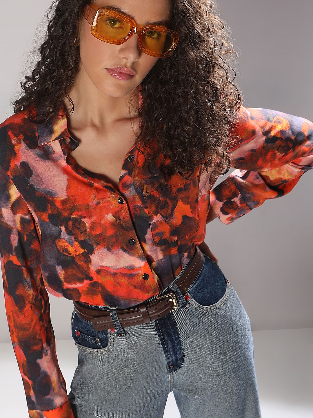 Orange Floral Print Shirt