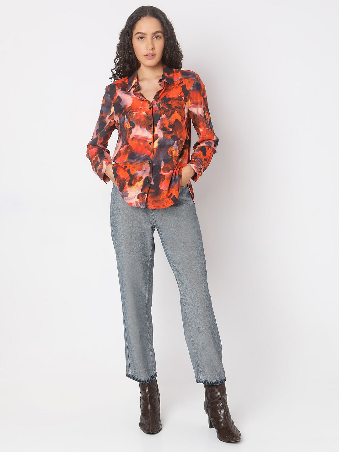 Orange Floral Print Shirt