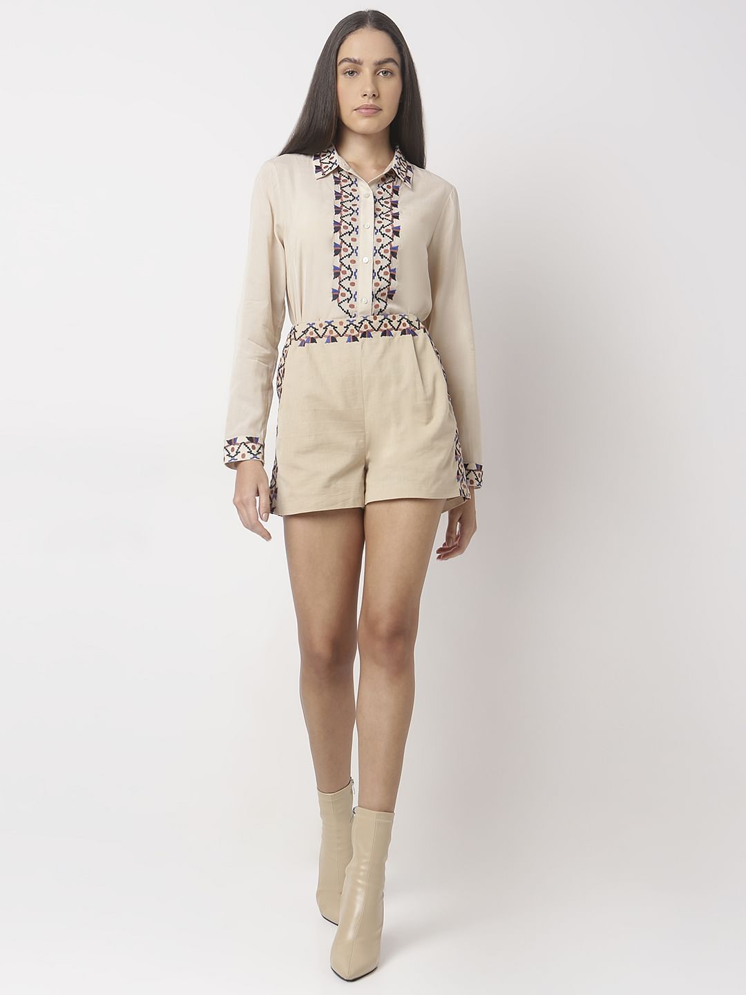 Beige Printed Co-Ord Set Shorts