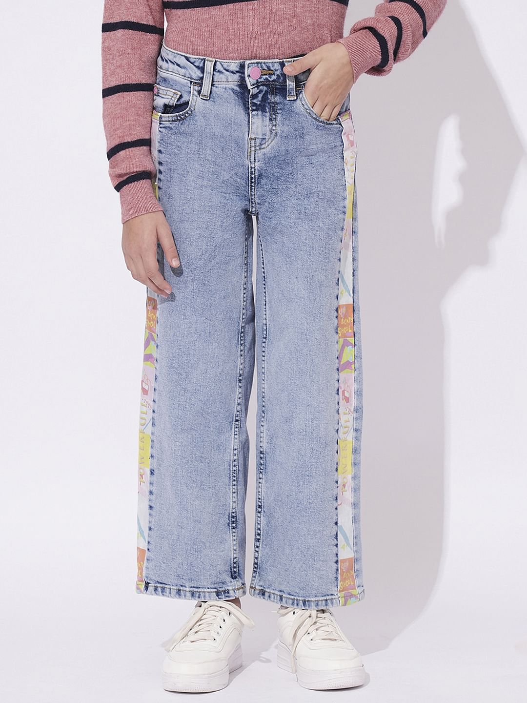 Girls Wide Leg Printed Jeans