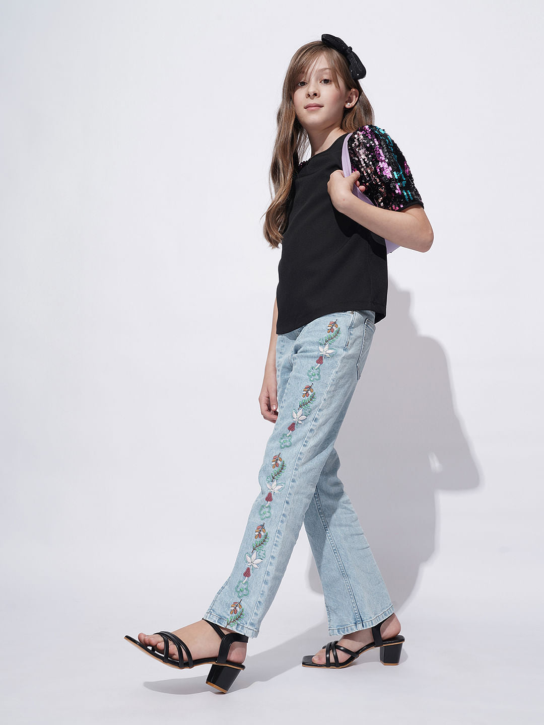 Girls Light Blue Floral Embroidery Bootcut Jeans
