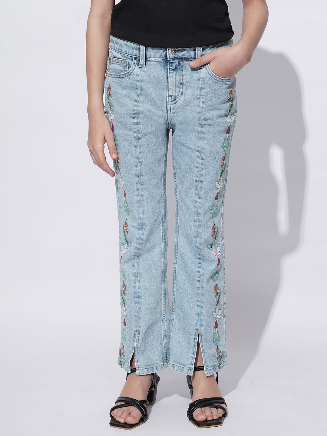 Girls Light Blue Floral Embroidery Bootcut Jeans