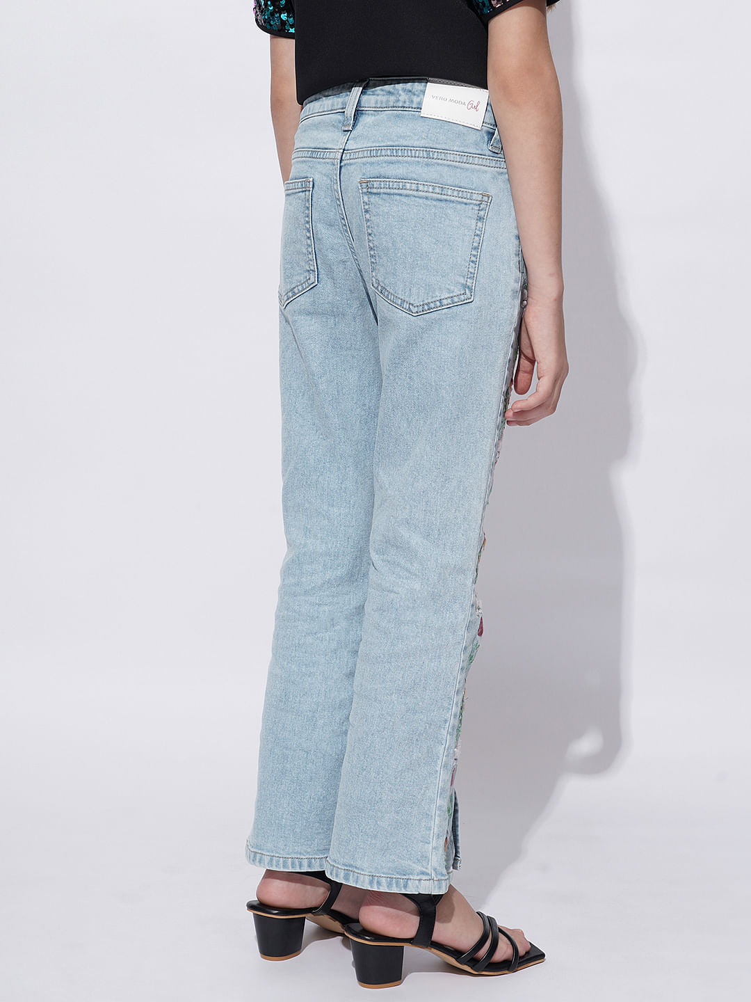 Girls Light Blue Floral Embroidery Bootcut Jeans