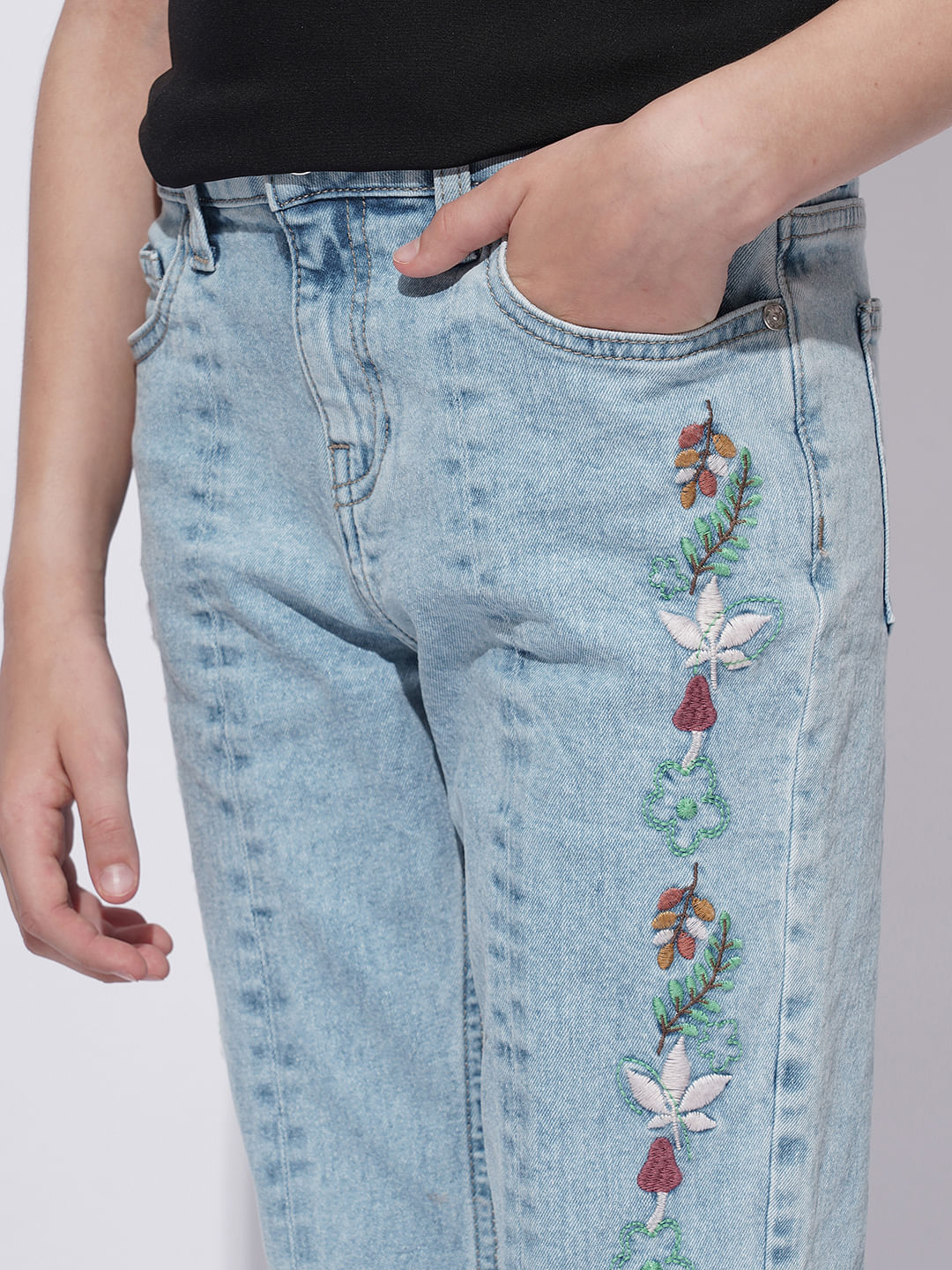 Girls Light Blue Floral Embroidery Bootcut Jeans