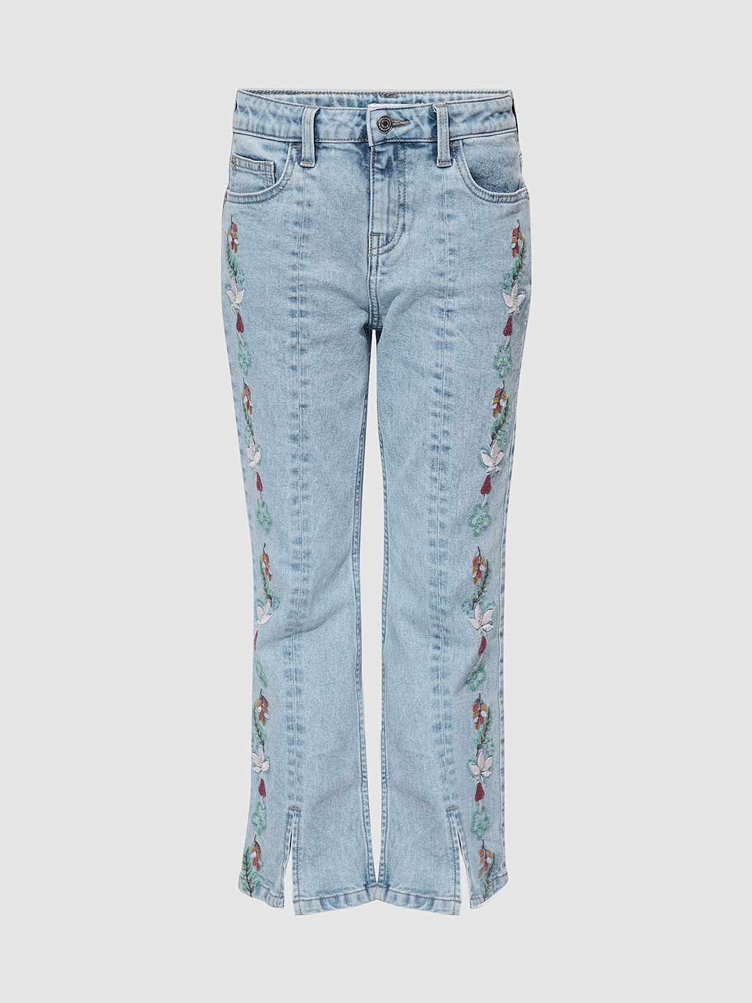 Girls Light Blue Floral Embroidery Bootcut Jeans