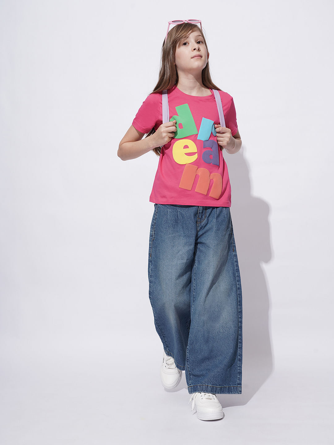 Girls Blue High Rise Wide Leg Jeans
