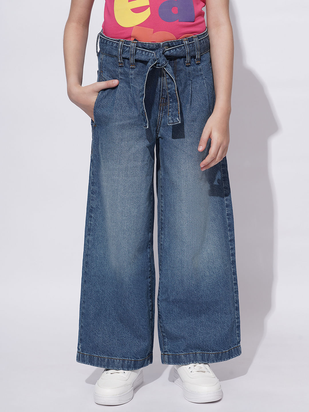 Girls Blue High Rise Wide Leg Jeans