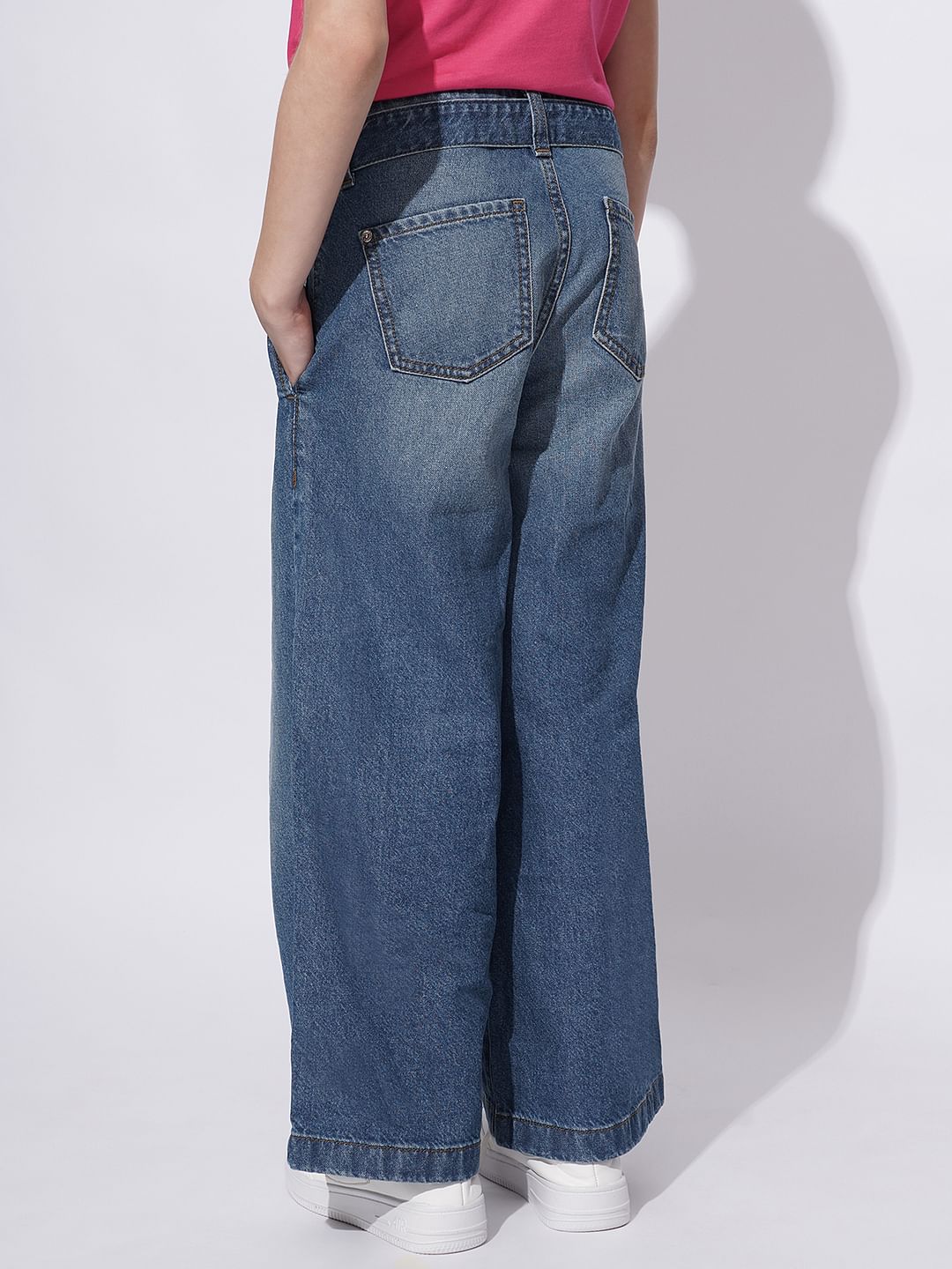 Girls Blue High Rise Wide Leg Jeans