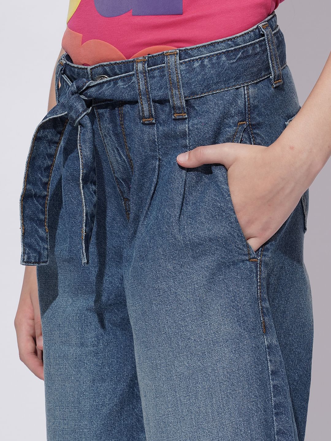 Girls Blue High Rise Wide Leg Jeans