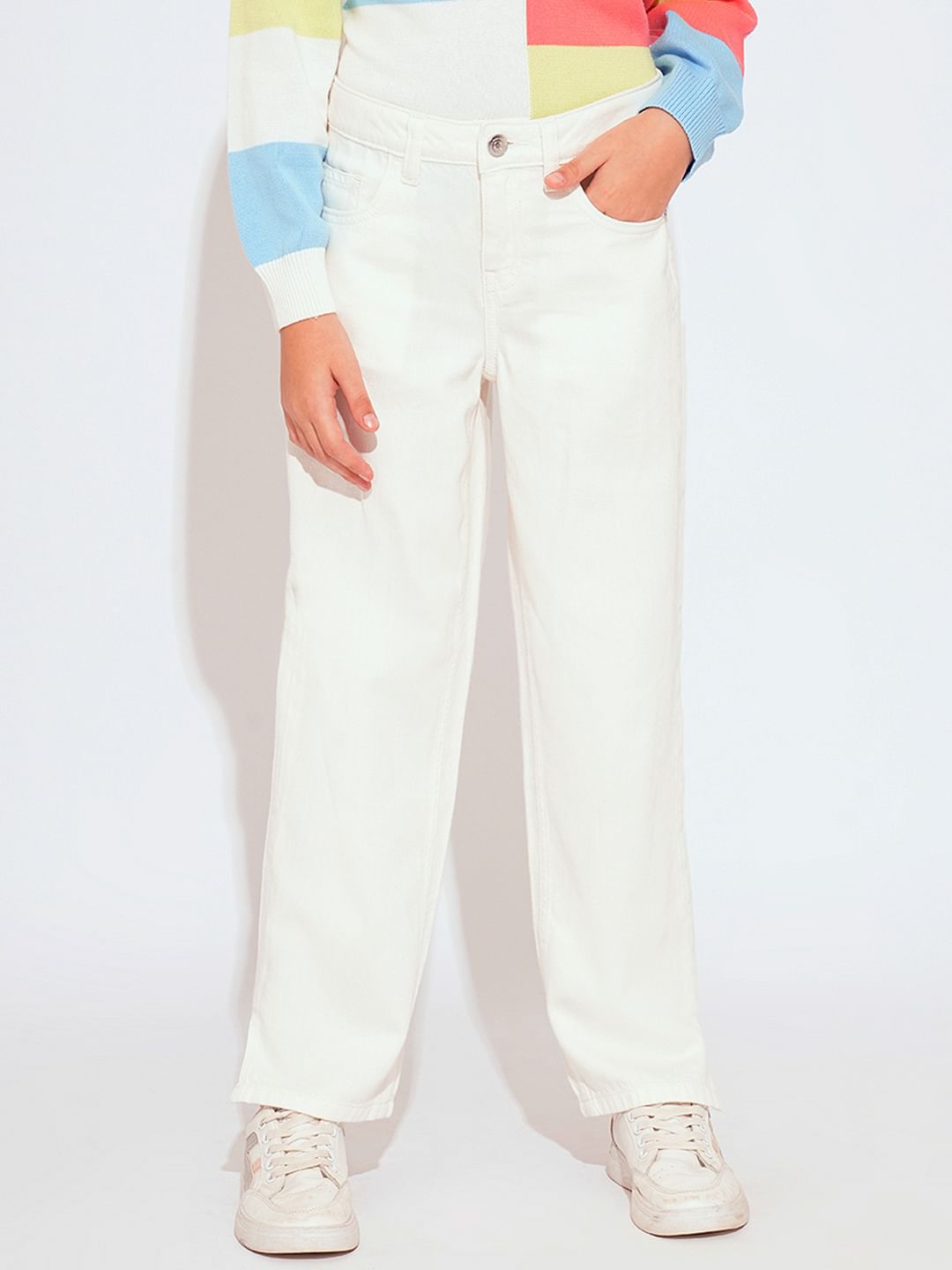 Girls White Wide Leg Jeans