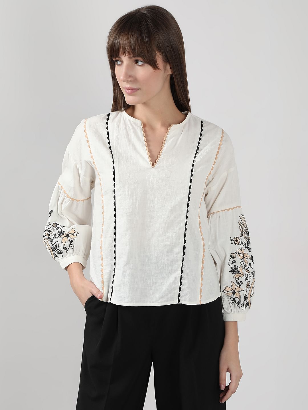 White Printed Puff Sleeves Top