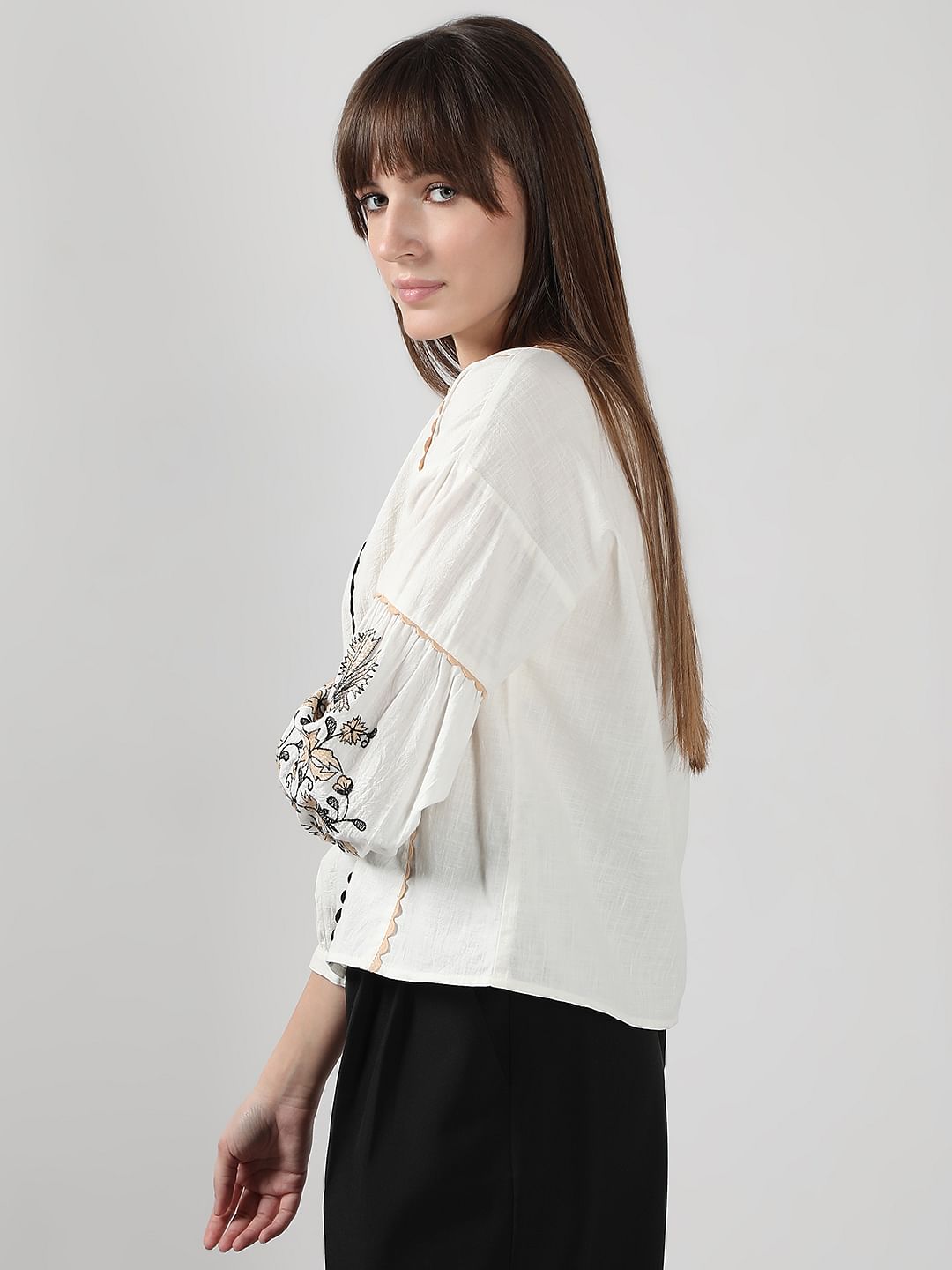 White Printed Puff Sleeves Top