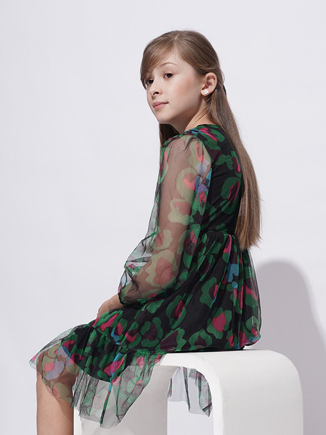 Girls Black Floral Mesh Dress