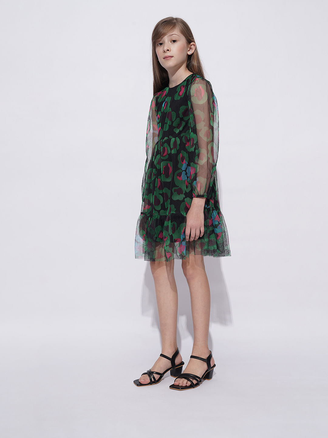 Girls Black Floral Mesh Dress