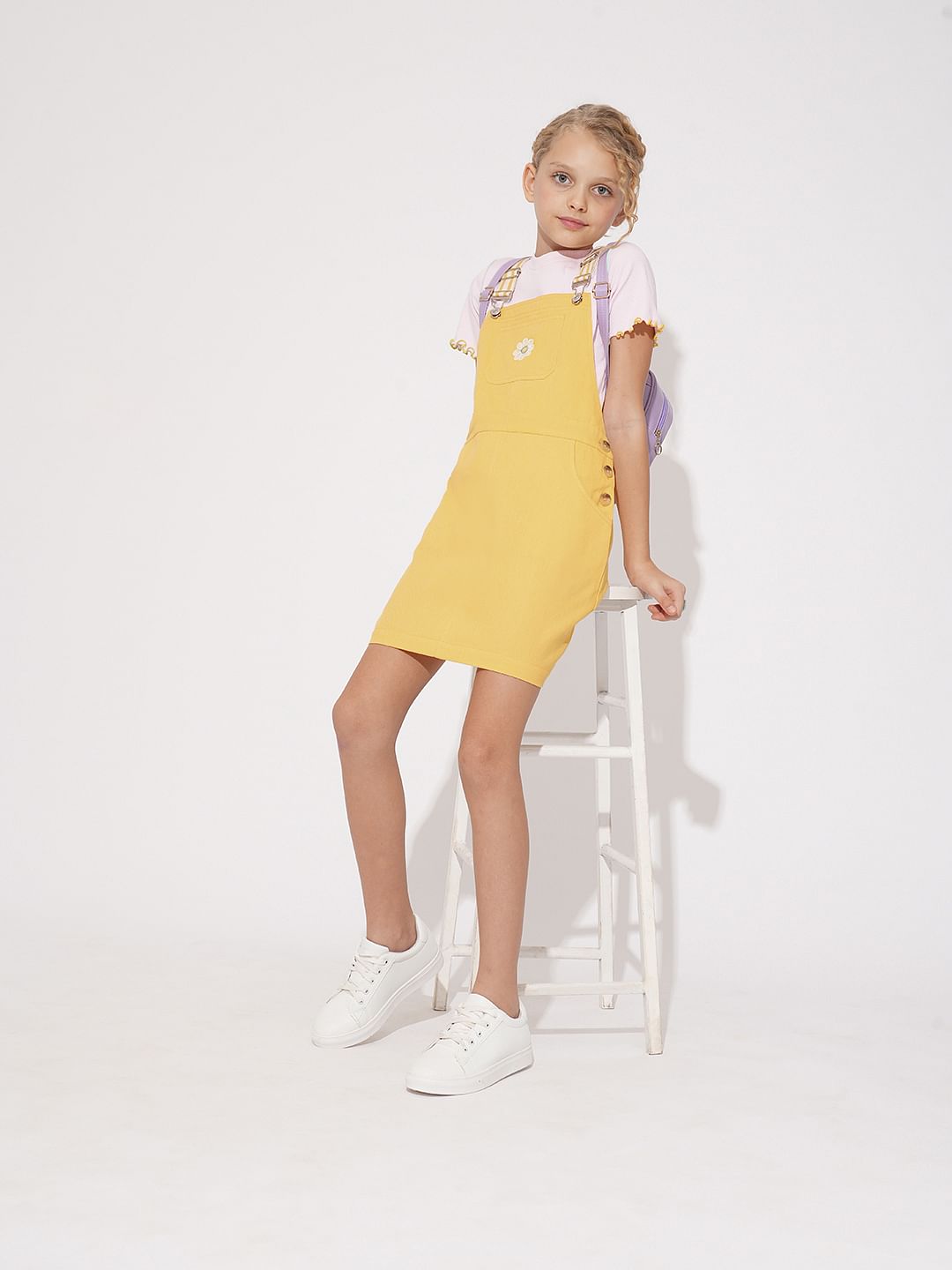 Girls Yellow Floral Dungaree