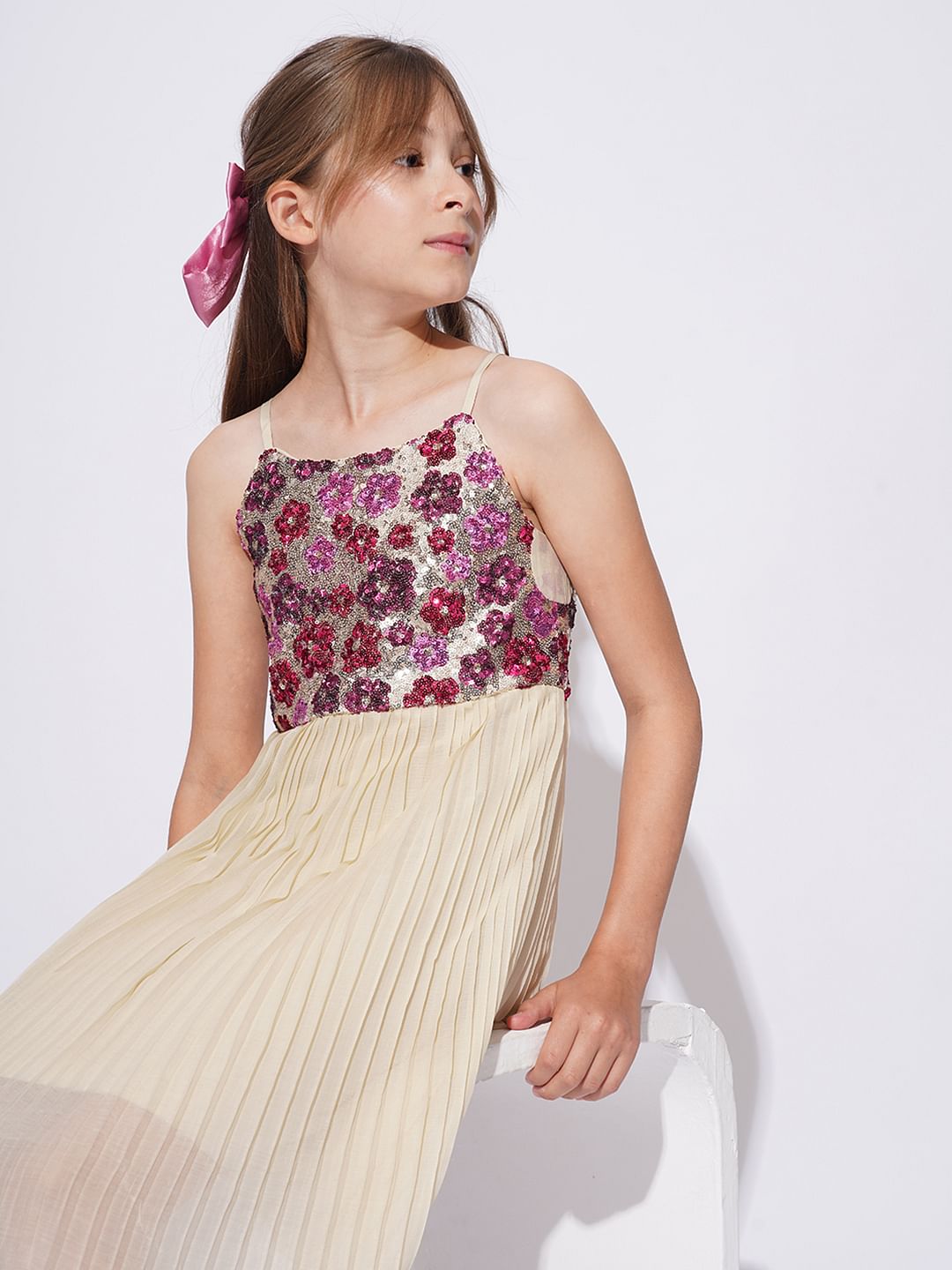Girls Peach Embellished Pleated Dress