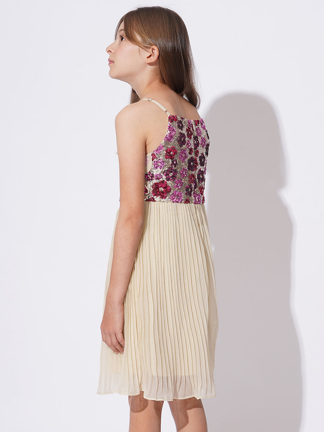 Girls Peach Embellished Pleated Dress