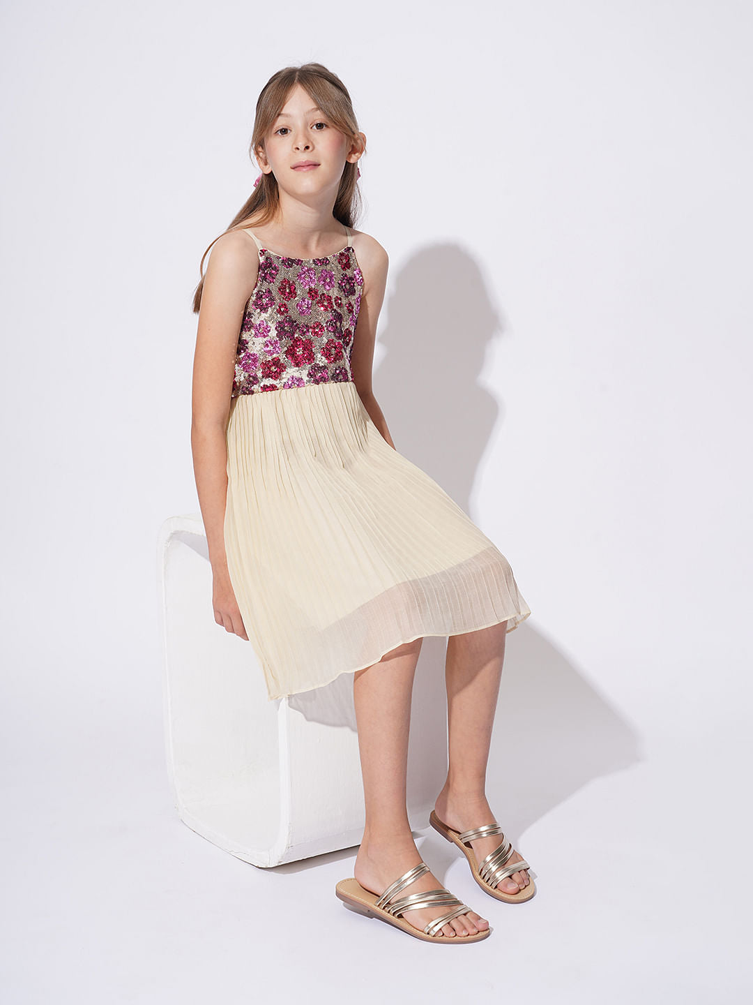 Girls Peach Embellished Pleated Dress