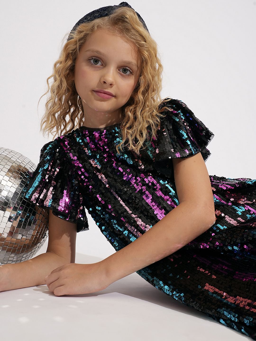 Girls Black Sequinned Dress