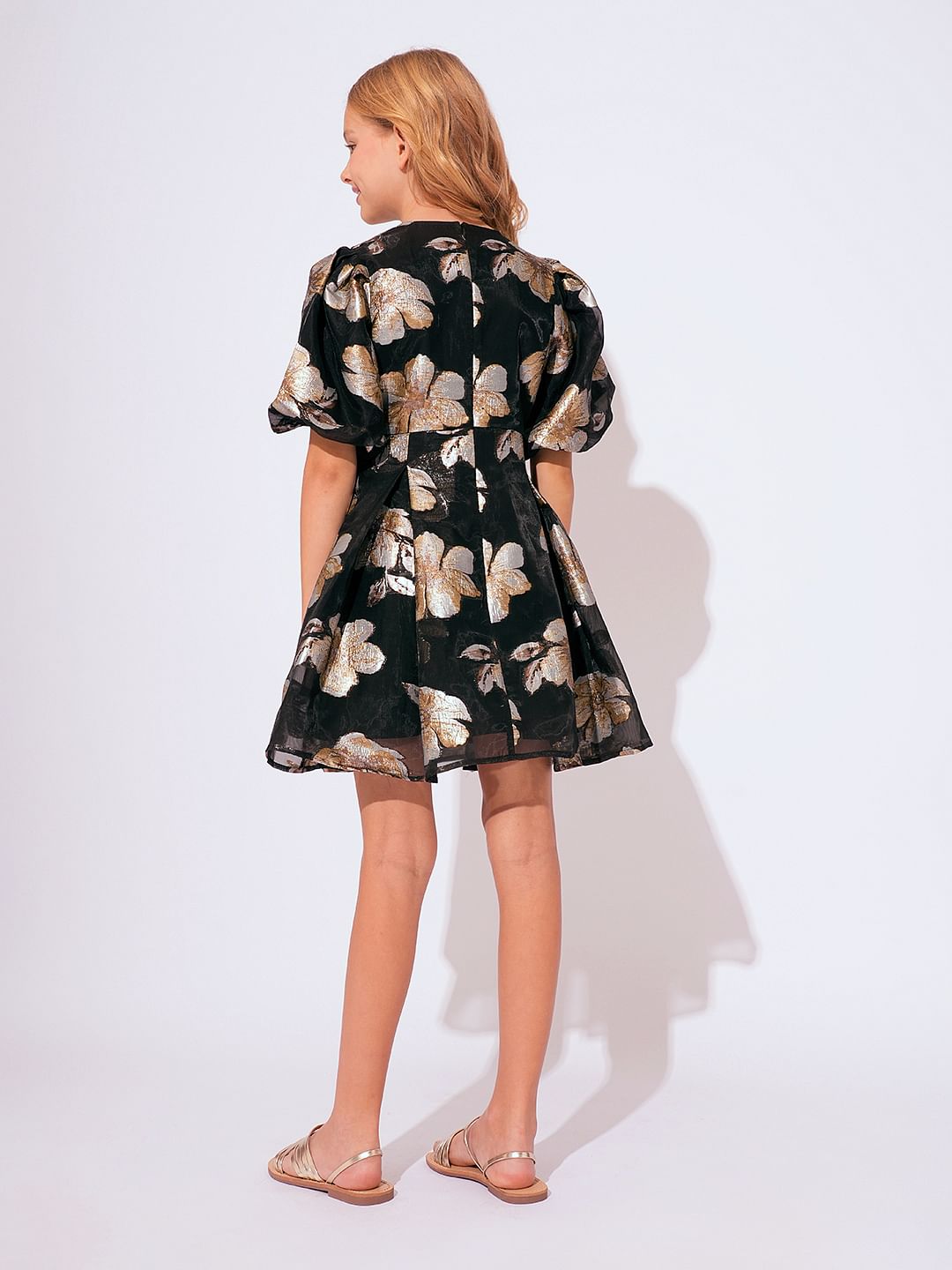 Girls Black Floral Jacquard Organza Dress