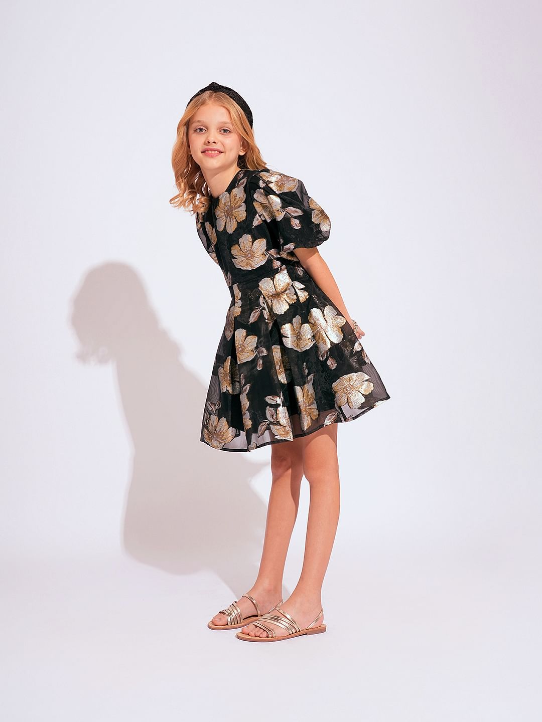 Girls Black Floral Jacquard Organza Dress