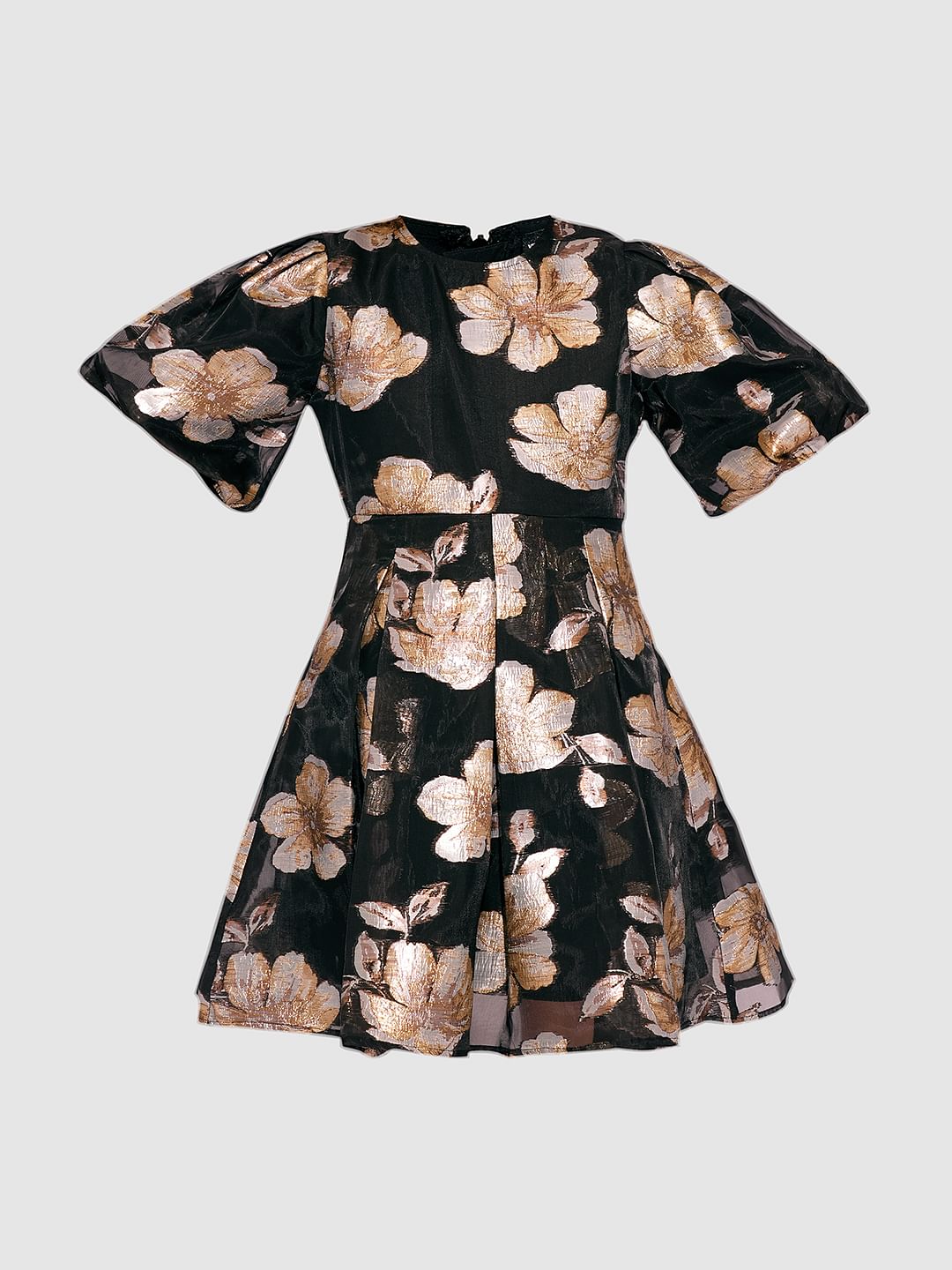Girls Black Floral Jacquard Organza Dress