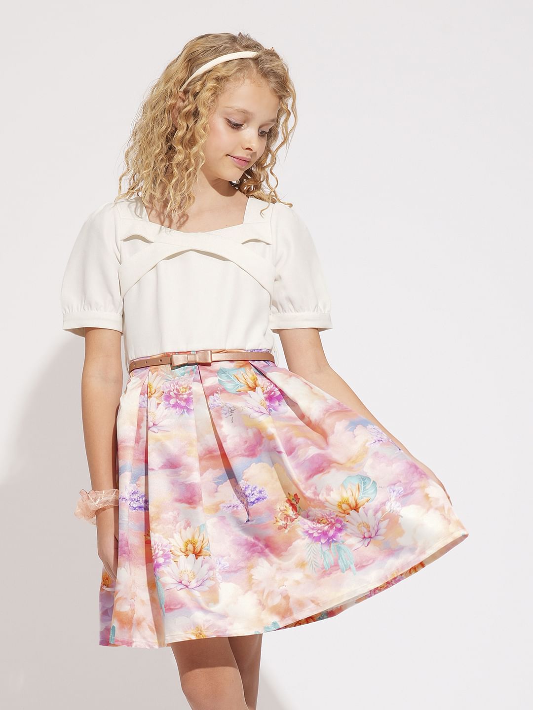 Girls White Printed Fit & Flare Dress