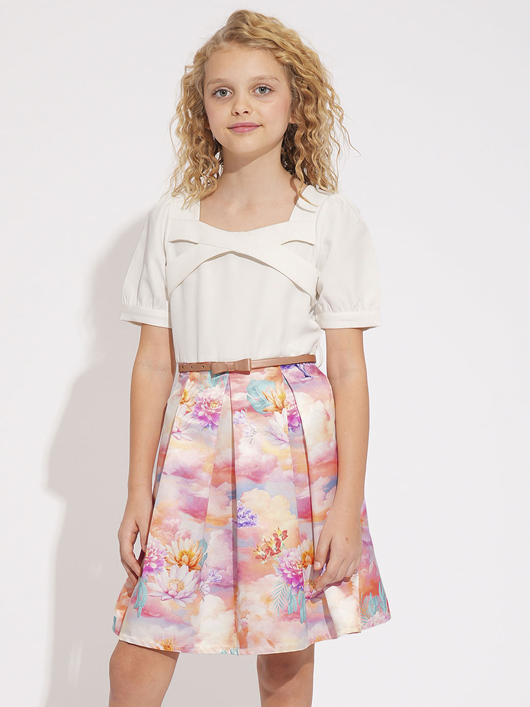 Girls White Printed Fit & Flare Dress