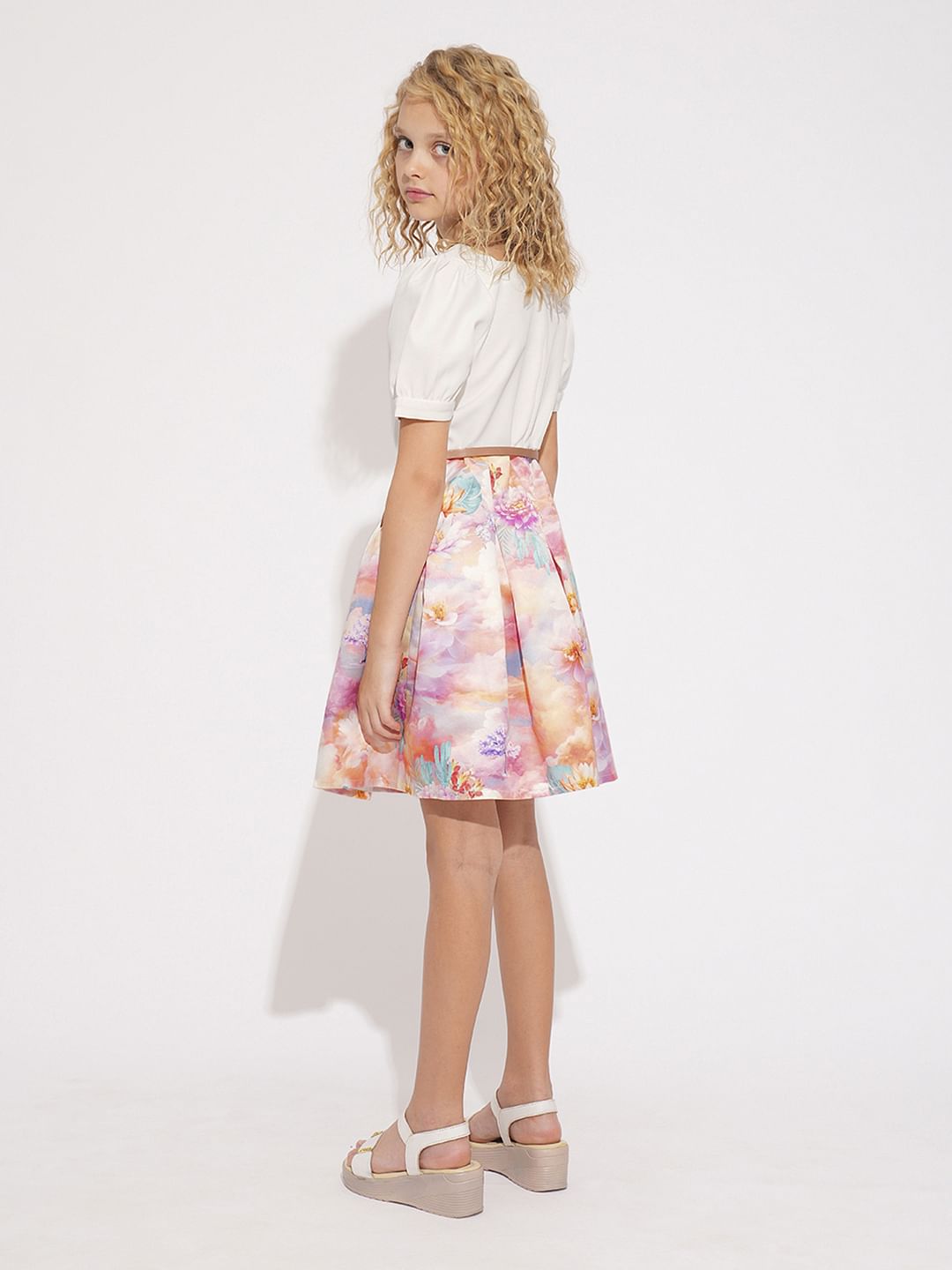 Girls White Printed Fit & Flare Dress