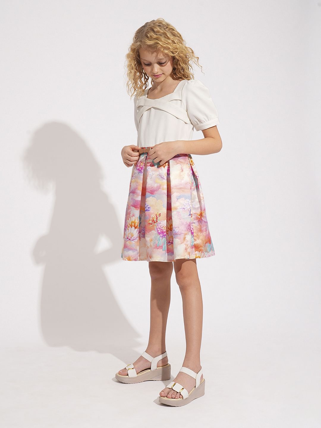 Girls White Printed Fit & Flare Dress