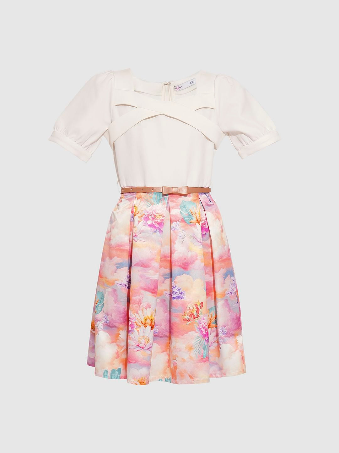 Girls White Printed Fit & Flare Dress