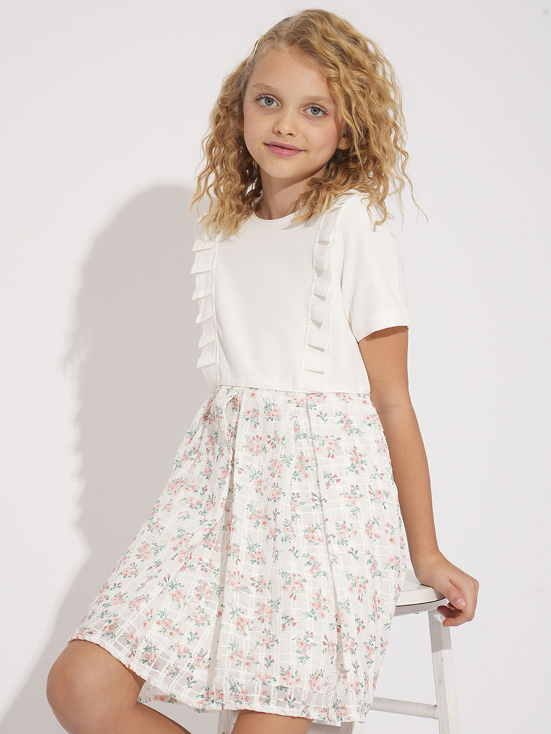 Girls White Floral Fit & Flare Dress