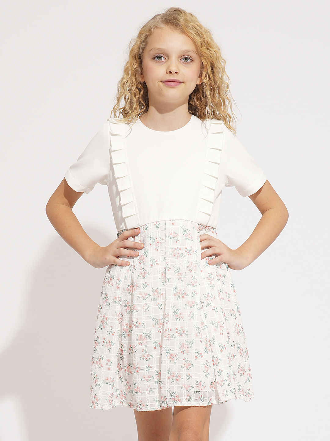 Girls White Floral Fit & Flare Dress