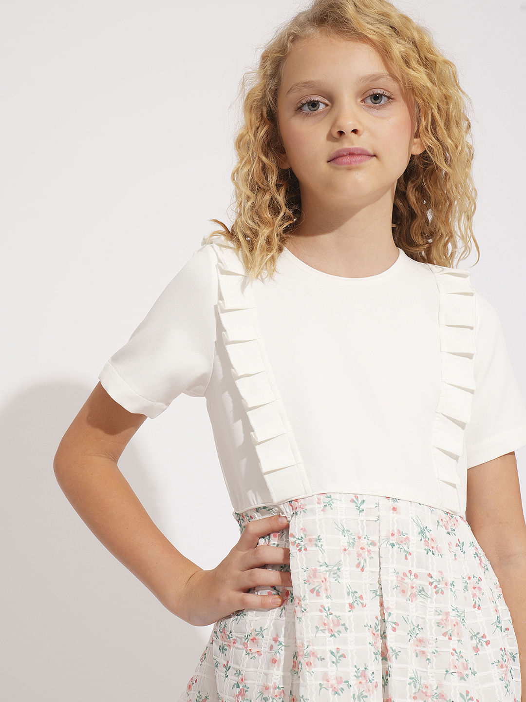 Girls White Floral Fit & Flare Dress