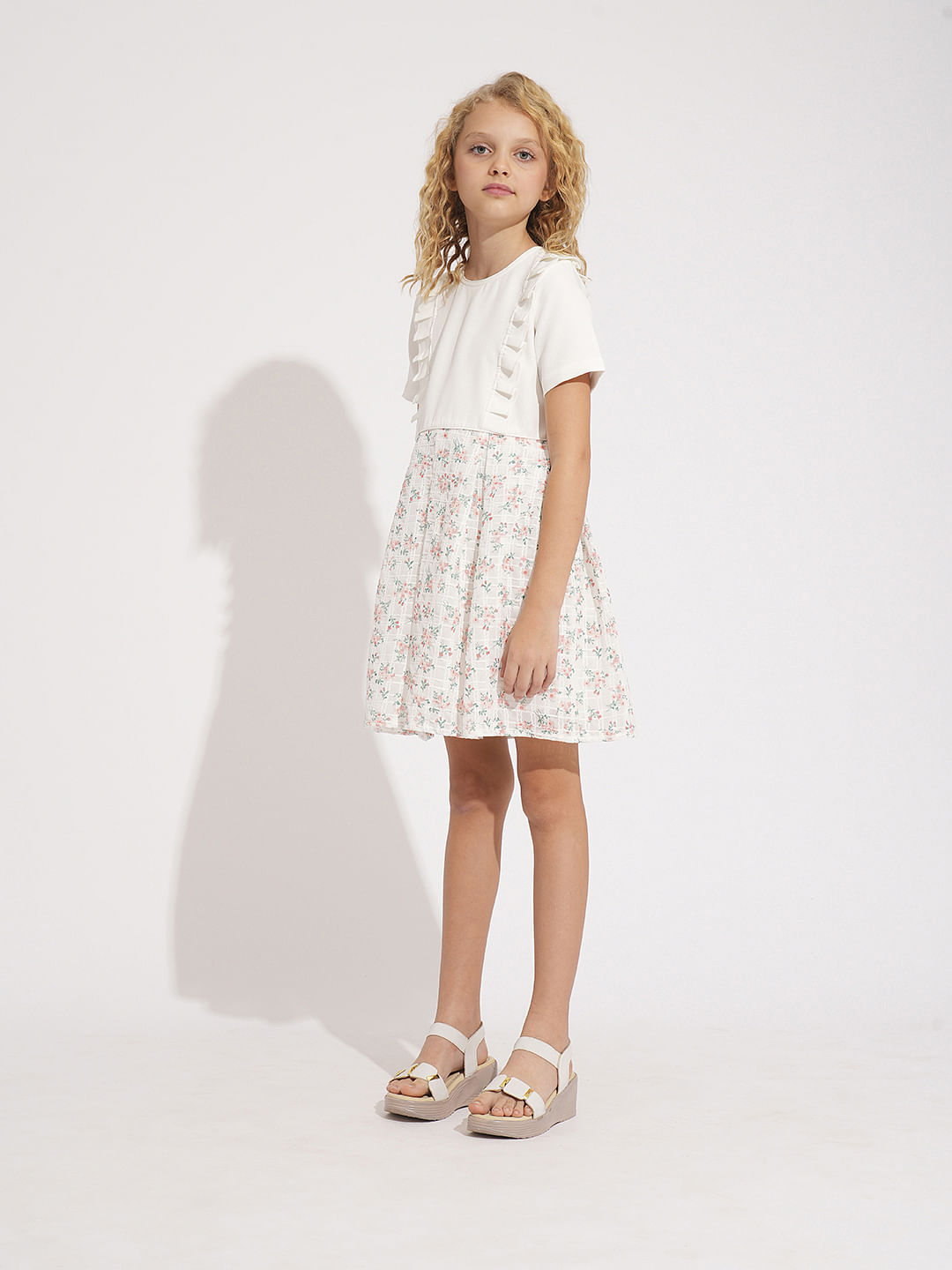 Girls White Floral Fit & Flare Dress