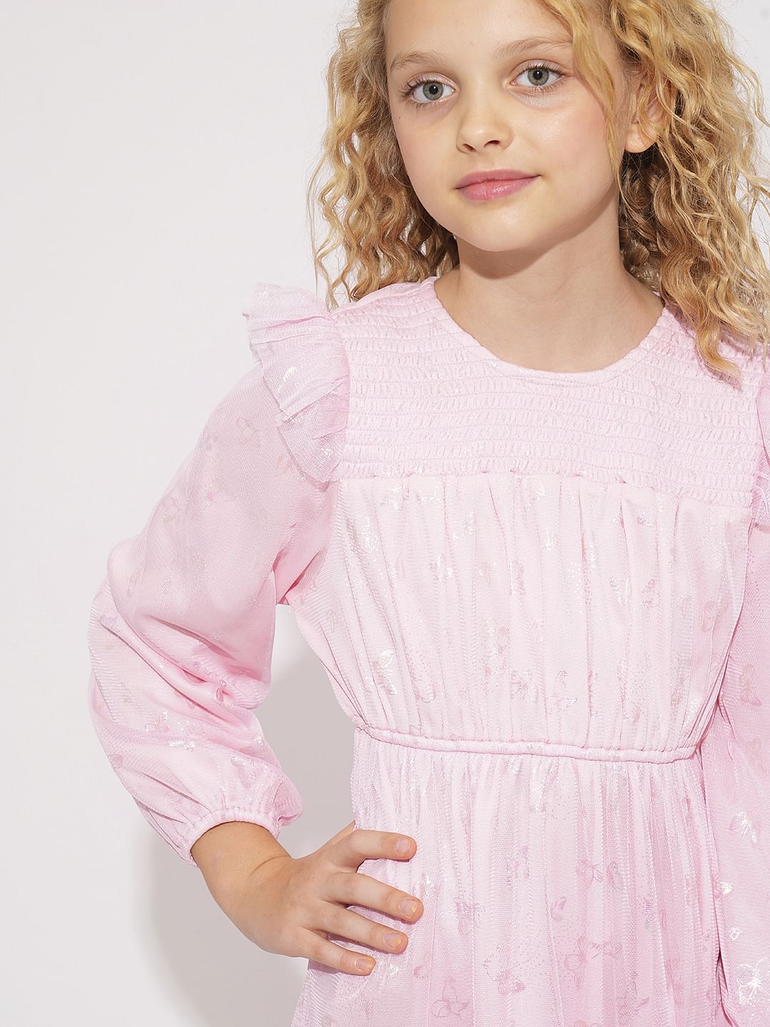 Girls Pink Mesh Printed Dress