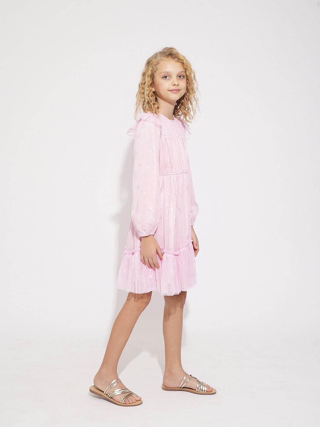 Girls Pink Mesh Printed Dress