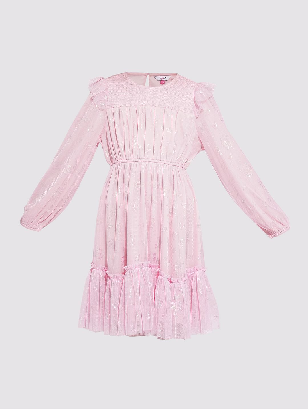 Girls Pink Mesh Printed Dress