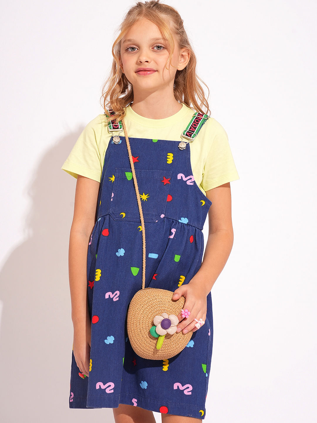 Girls Blue Printed Denim Dungaree
