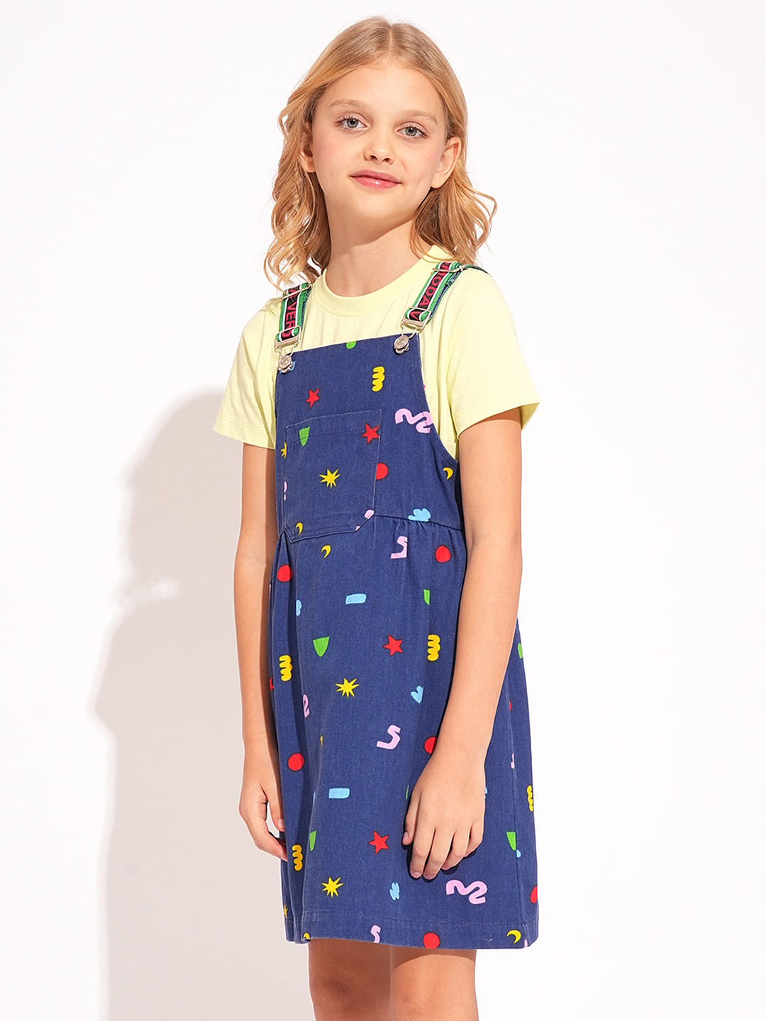 Girls Blue Printed Denim Dungaree
