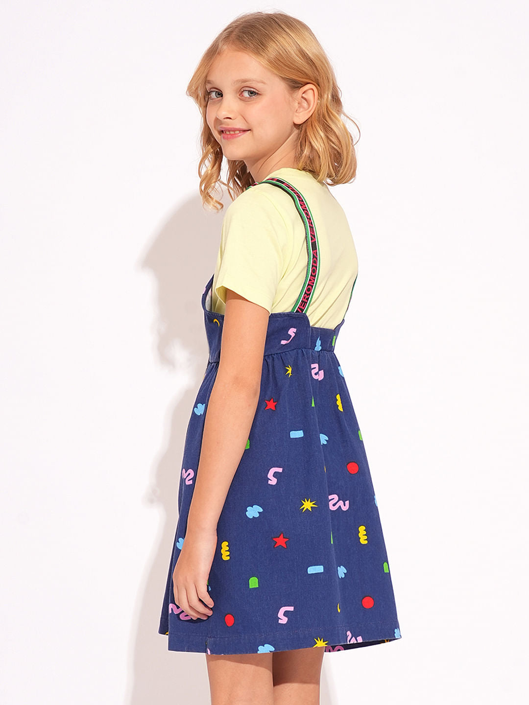 Girls Blue Printed Denim Dungaree