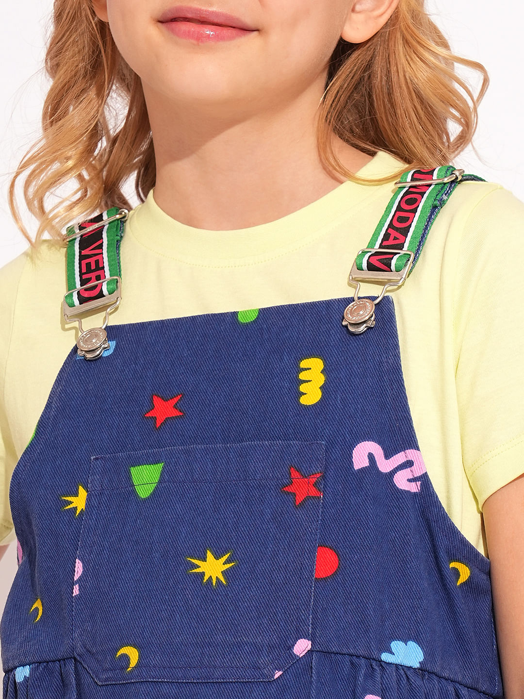 Girls Blue Printed Denim Dungaree