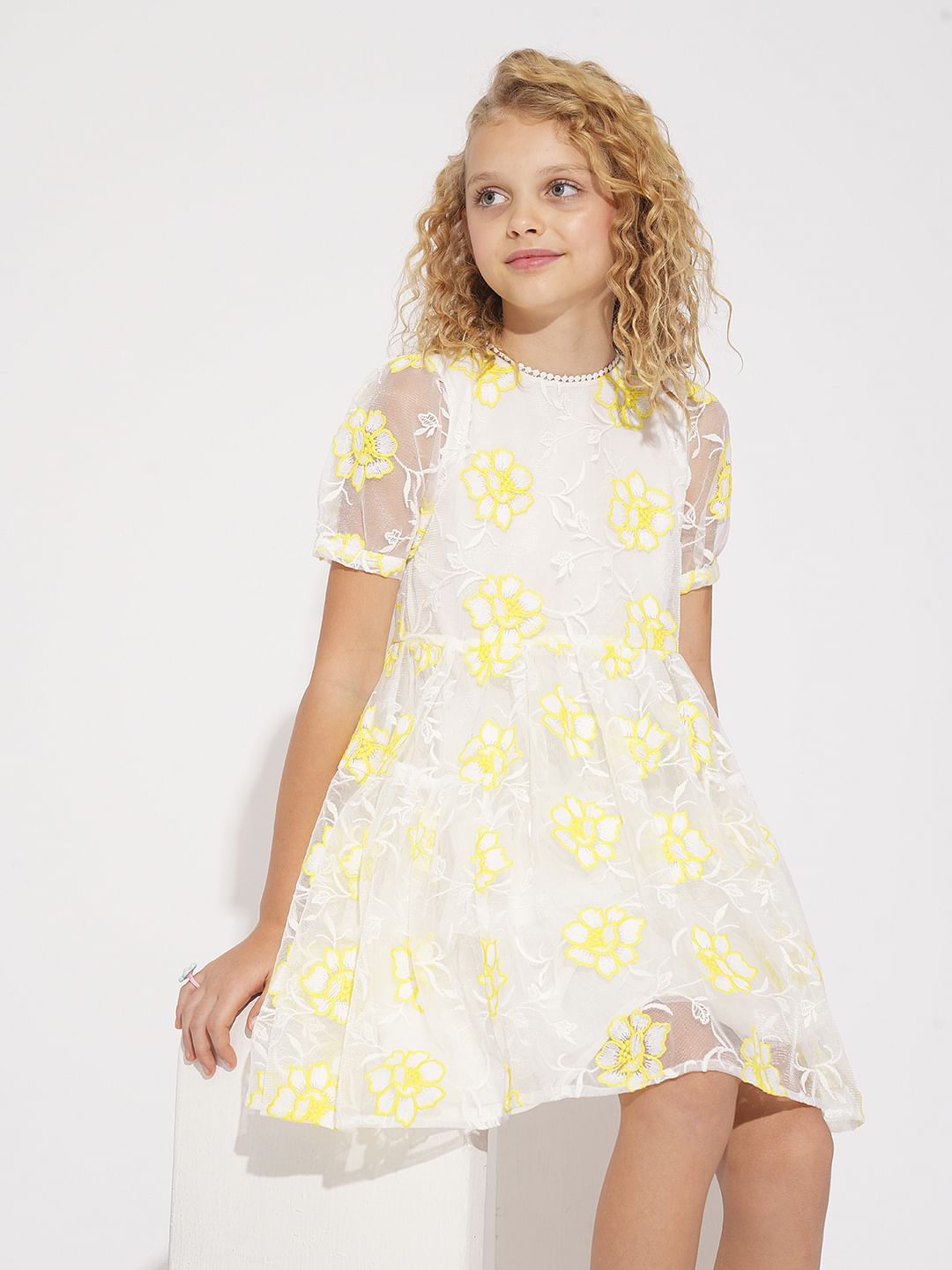 Girls White Organza Embroidered Dress